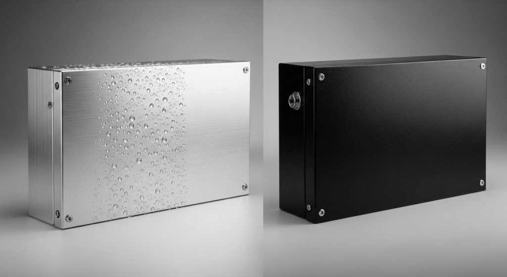 one brushed aluminum and one powder-coated black steel