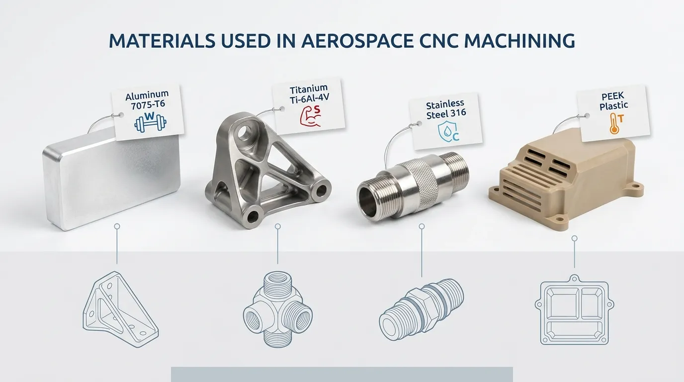 مقایسه مواد ماشین کاری CNC هوافضا که آلومینیوم، تیتانیوم، فولاد ضدزنگ و PEEK را با نمونه های کاربردی نشان می دهد