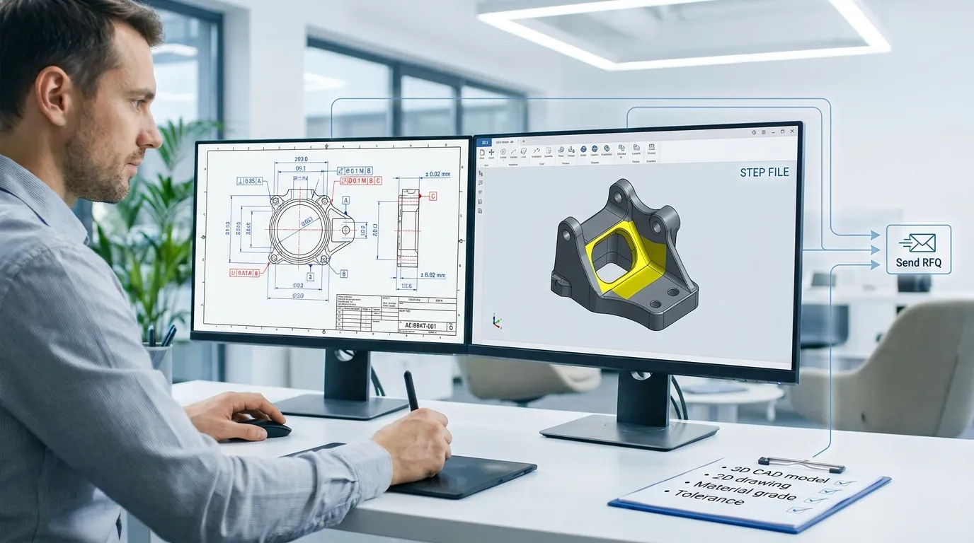 مهندس در حال بررسی ماشین کاری CNC هوافضا، نقشه های دوبعدی و مدل CAD سه بعدی قبل از ارسال چک لیست RFQ به تأمین کننده